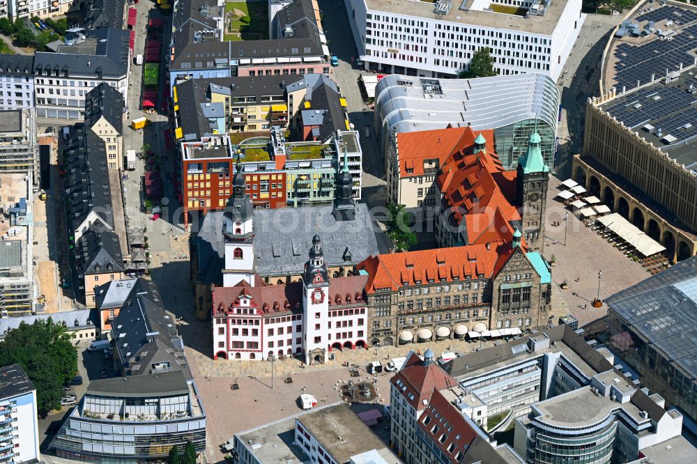 Aerial image Chemnitz - City center in the inner city area with the old town hall and church St. Jakobi on the street Markt in the district Zentrum in Chemnitz in the state Saxony, Germany