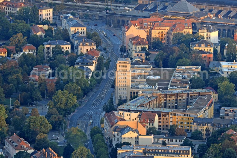 Dresden from above - The city center in the downtown area on Antonstrasse in the district Innere Neustadt in Dresden in the state Saxony, Germany