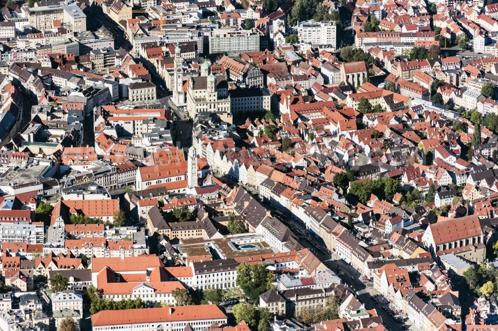 Aerial image Augsburg - The city center in the downtown area in Augsburg in the state Bavaria, Germany