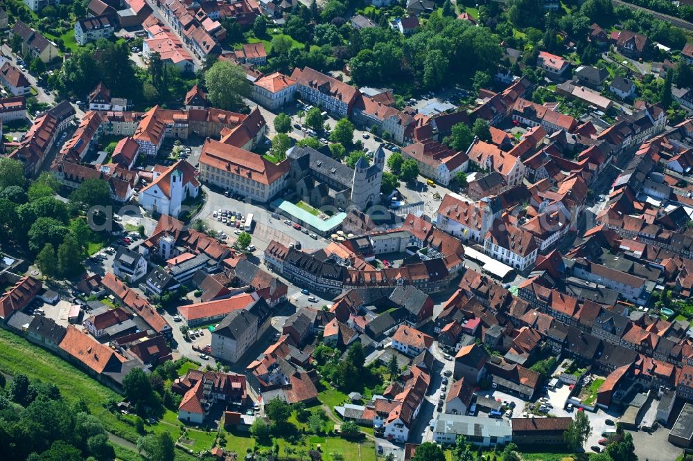Bad Gandersheim from above - The city center in the downtown area in Bad Gandersheim in the state Lower Saxony, Germany