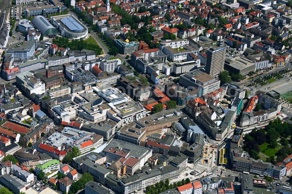 Bielefeld from above - The city center in the downtown area in the district Mitte in Bielefeld in the state North Rhine-Westphalia, Germany