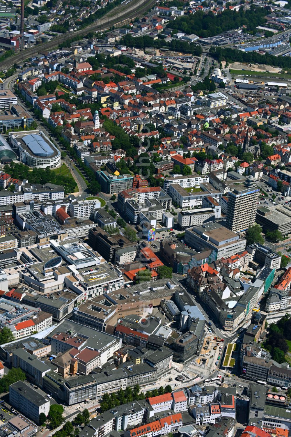 Aerial image Bielefeld - The city center in the downtown area in the district Mitte in Bielefeld in the state North Rhine-Westphalia, Germany