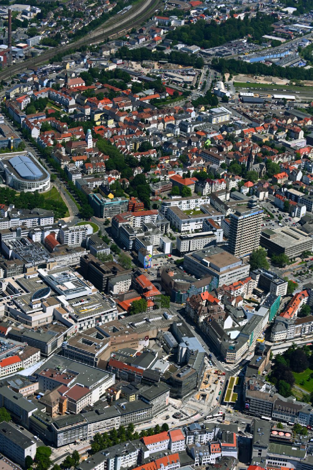 Aerial photograph Bielefeld - The city center in the downtown area in the district Mitte in Bielefeld in the state North Rhine-Westphalia, Germany