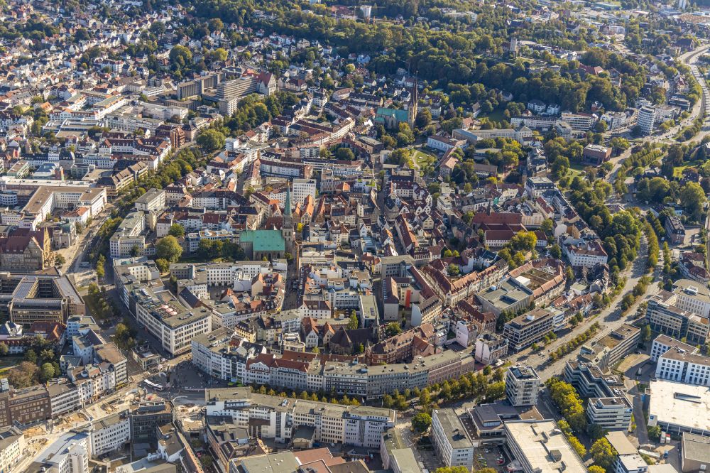 Bielefeld from the bird's eye view: The city center in the downtown area in the district Mitte in Bielefeld in the state North Rhine-Westphalia, Germany