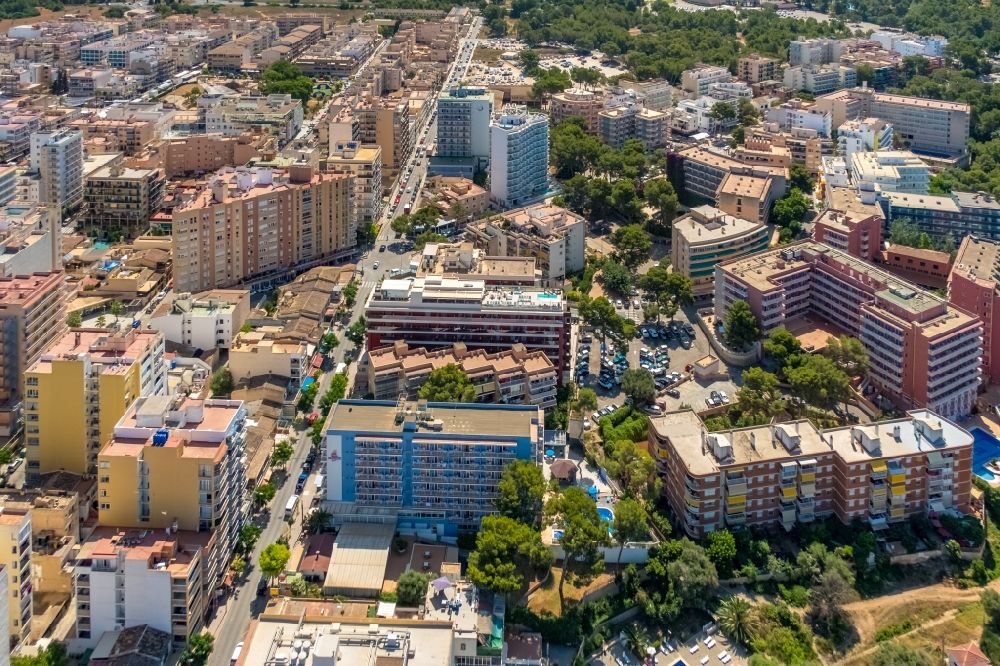 Llucmajor from above - The city center in the downtown area overlooking hotels on Carrer Sant Bartomeu in El Arenal in Balearic island of Mallorca, Spain