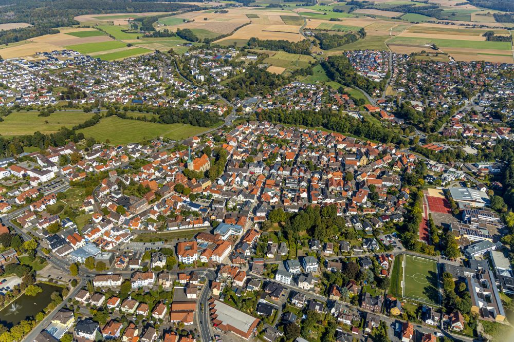 Aerial image Brakel - The city center in the downtown area in Brakel in the state North Rhine-Westphalia, Germany