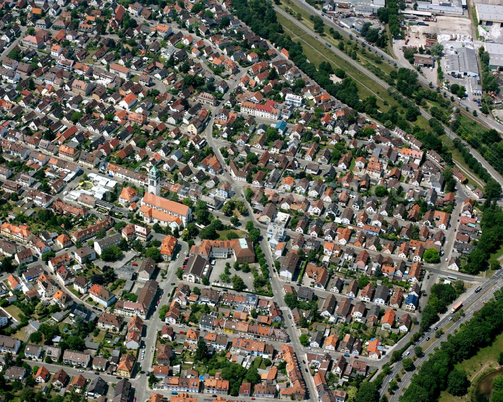 Aerial photograph Daxlanden - The city center in the downtown area in Daxlanden in the state Baden-Wuerttemberg, Germany