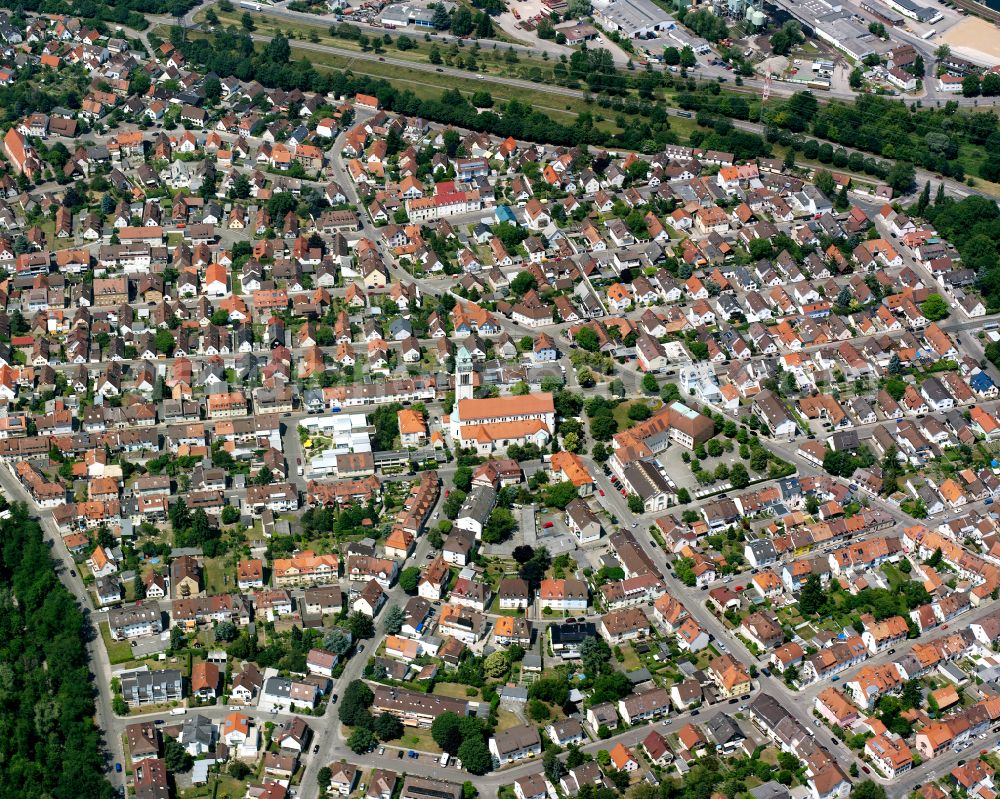 Daxlanden from above - The city center in the downtown area in Daxlanden in the state Baden-Wuerttemberg, Germany