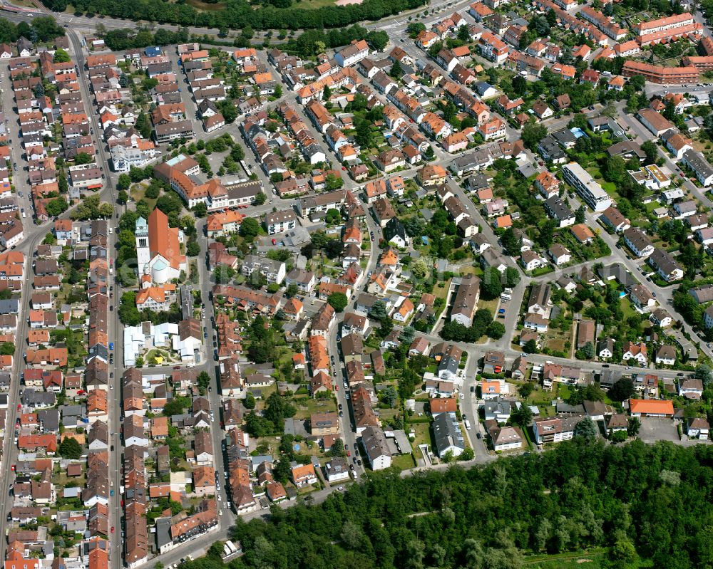 Daxlanden from the bird's eye view: The city center in the downtown area in Daxlanden in the state Baden-Wuerttemberg, Germany