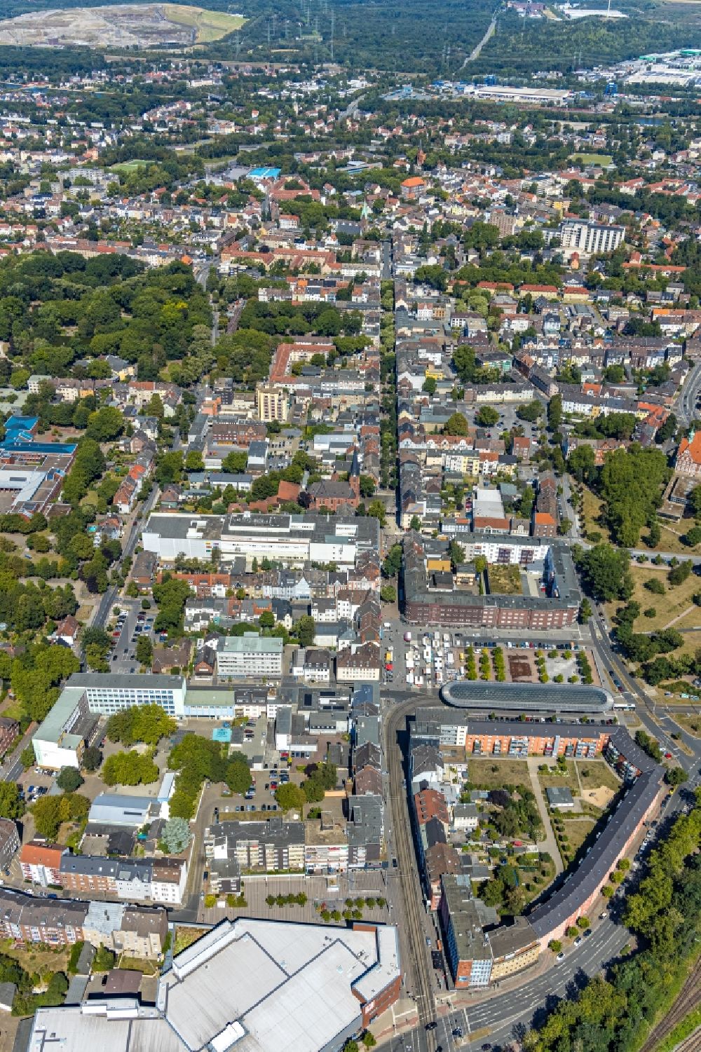 Aerial image Herne - The city center in the downtown area along the Hauptstrasse overlooking the public transport stop Buschmannshof in the district Wanne-Eickel in Herne in the state North Rhine-Westphalia, Germany