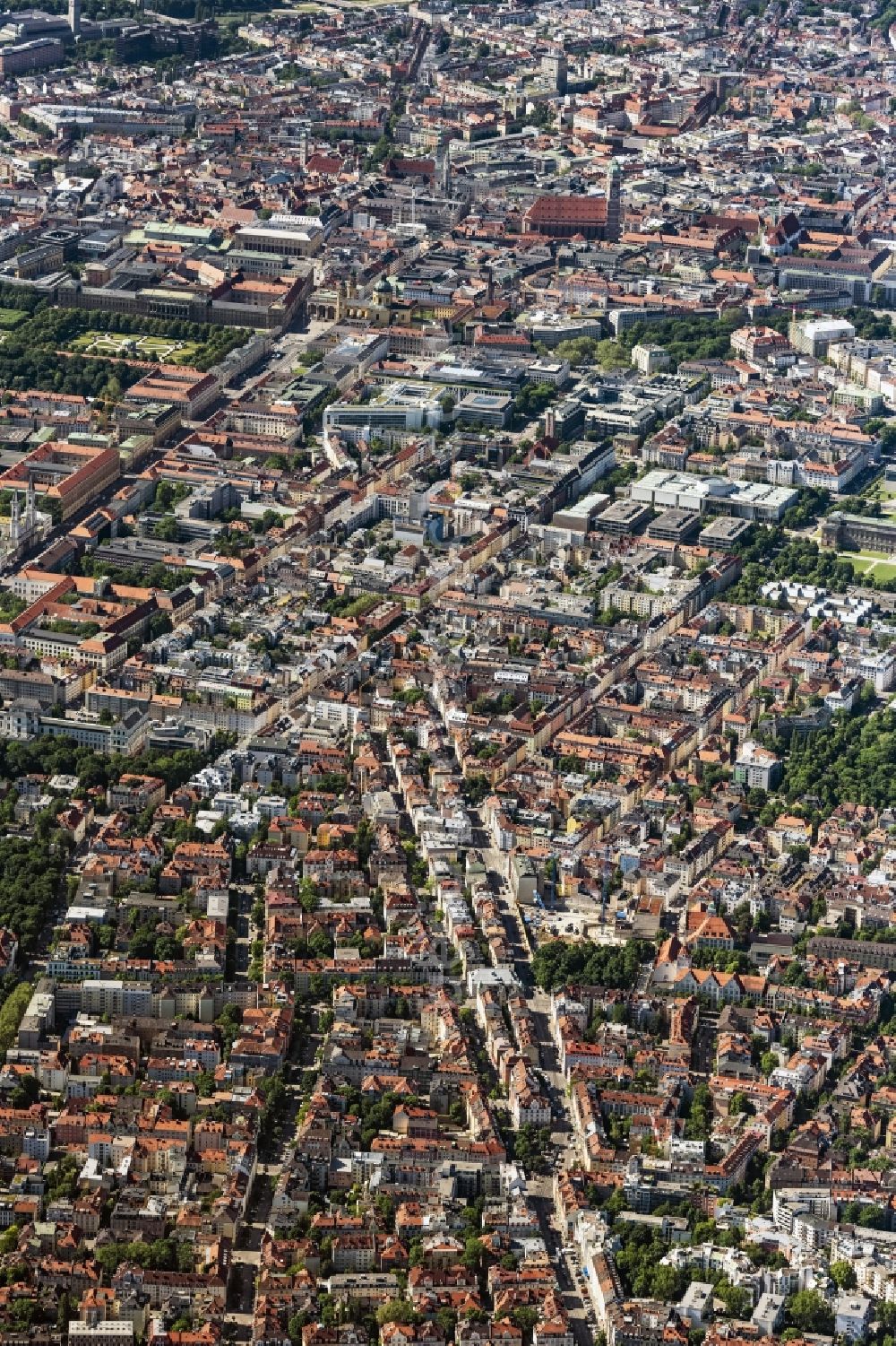 München from above - The city center in the downtown area along the Ludwigstrasse in the district Maxvorstadt in Munich in the state Bavaria, Germany