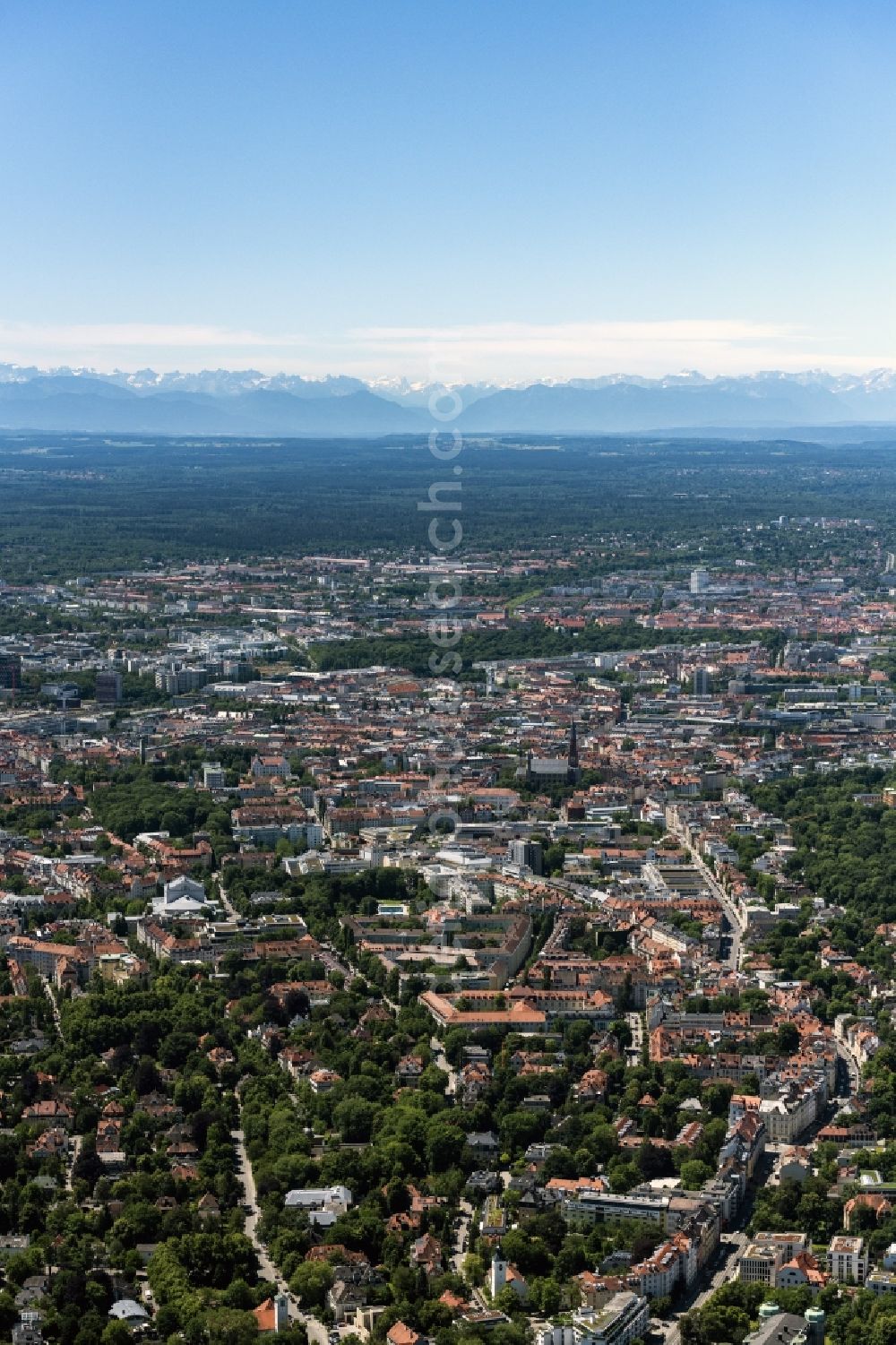 München from the bird's eye view: The city center in the downtown area with the mountain range of the Alps in the background in Munich in the state Bavaria, Germany