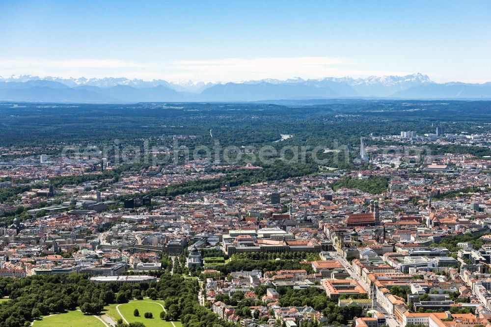 Aerial image München - The city center in the downtown area with the mountain range of the Alps in the background in Munich in the state Bavaria, Germany