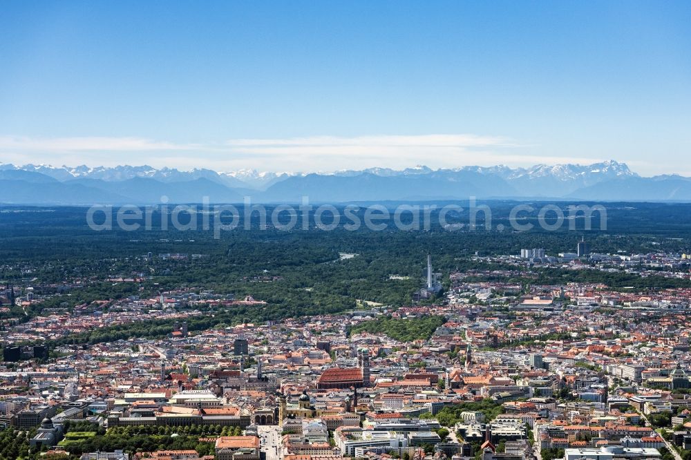 München from above - The city center in the downtown area with the mountain range of the Alps in the background in Munich in the state Bavaria, Germany
