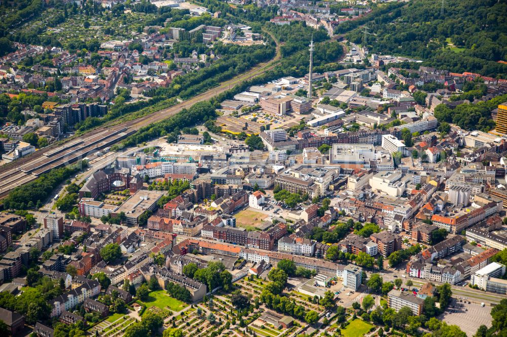 Gelsenkirchen from above - The city center in the downtown area on street Bahnhofstrasse in the district Altstadt in Gelsenkirchen at Ruhrgebiet in the state North Rhine-Westphalia, Germany