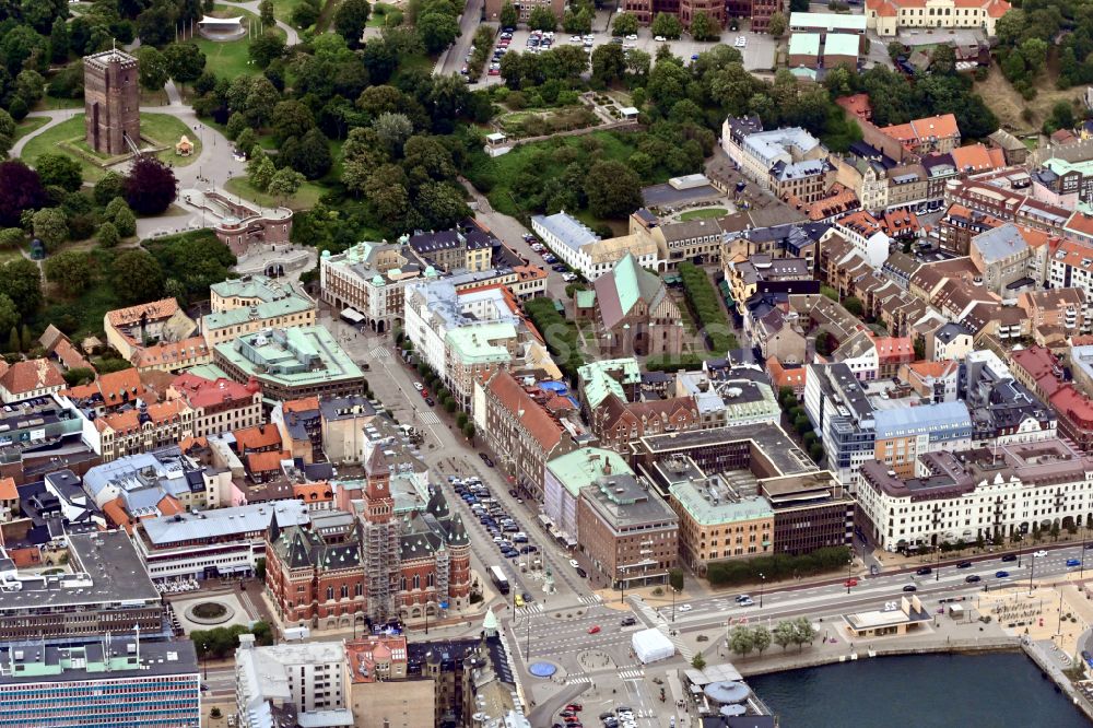 Helsingborg from above - The city center in the downtown area on street Stortorget in Helsingborg in Skane laen, Sweden
