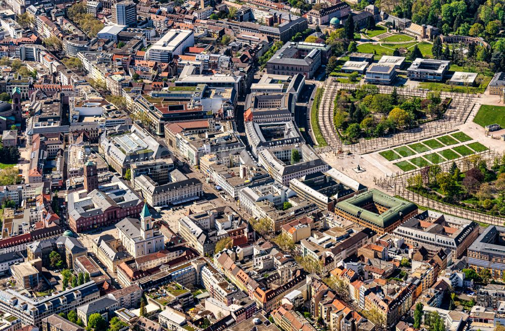 Karlsruhe from the bird's eye view: The city center in the downtown area in Karlsruhe in the state Baden-Wuerttemberg, Germany