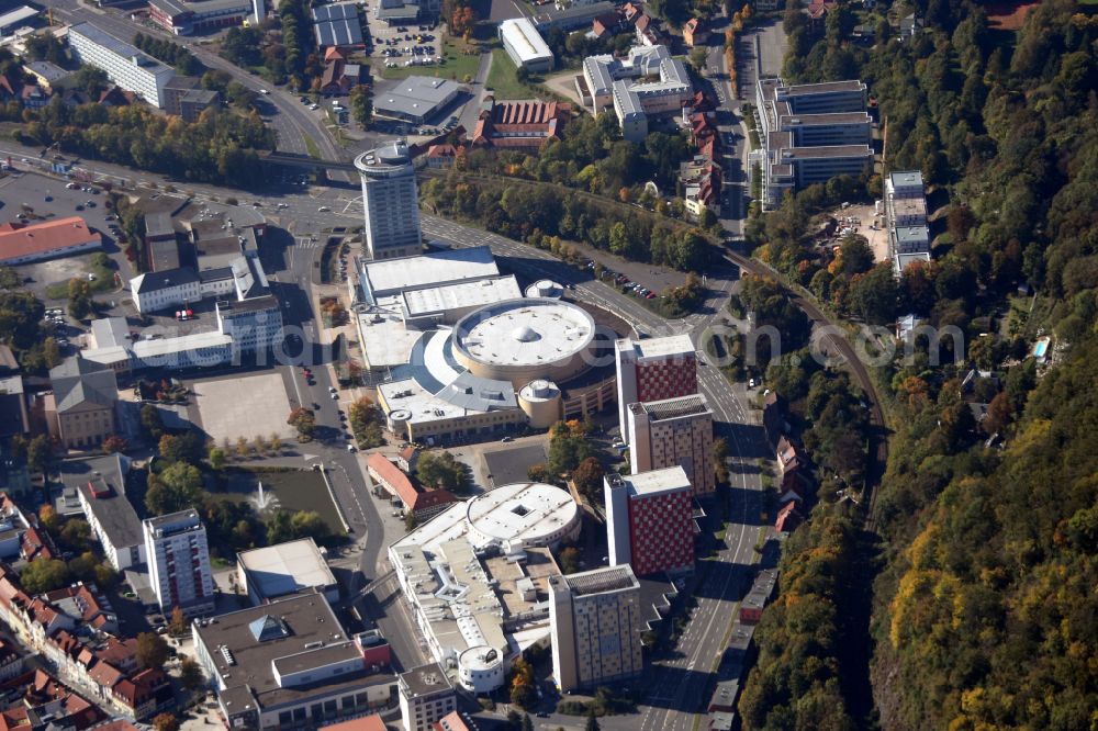 Suhl from above - The city center in the downtown area on Kultur- and Kongress-Zentrum on street Friedrich-Koenig-Strasse in Suhl in the state Thuringia, Germany