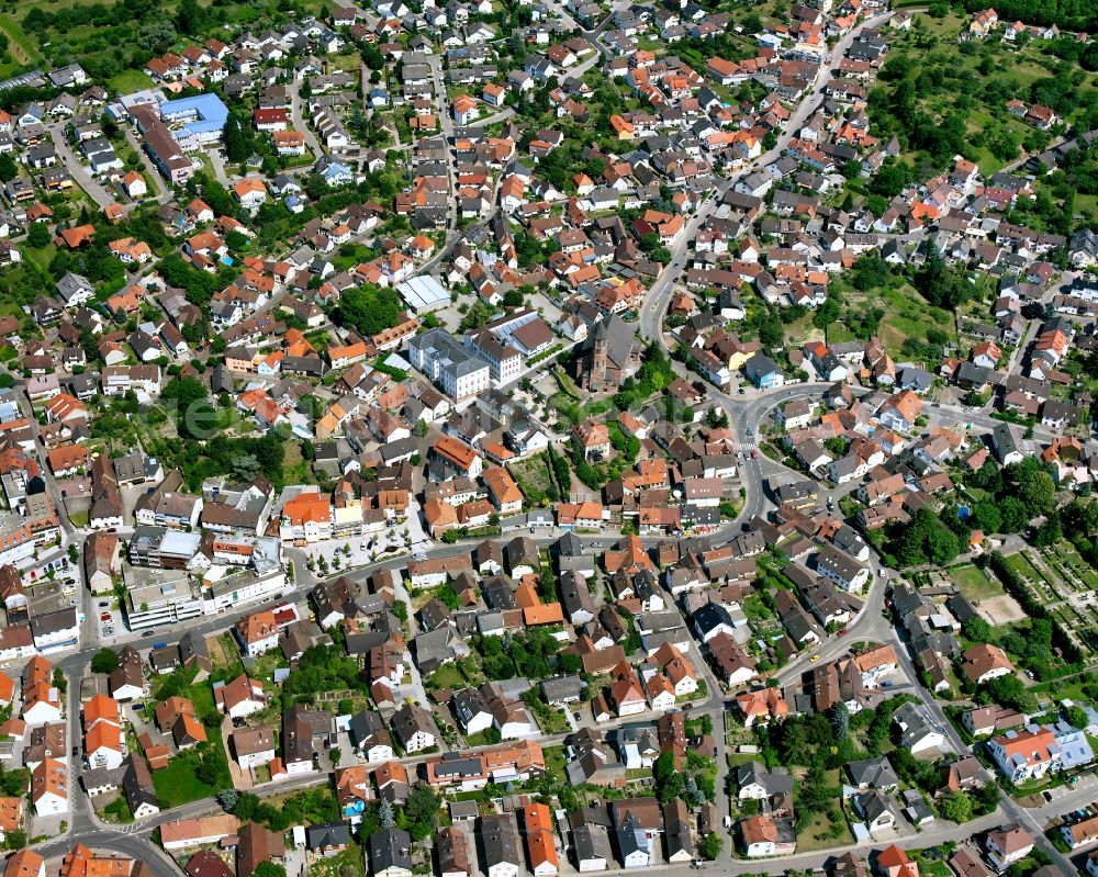 Aerial image Malsch - The city center in the downtown area on street Hauptstrasse in Malsch in the state Baden-Wuerttemberg, Germany