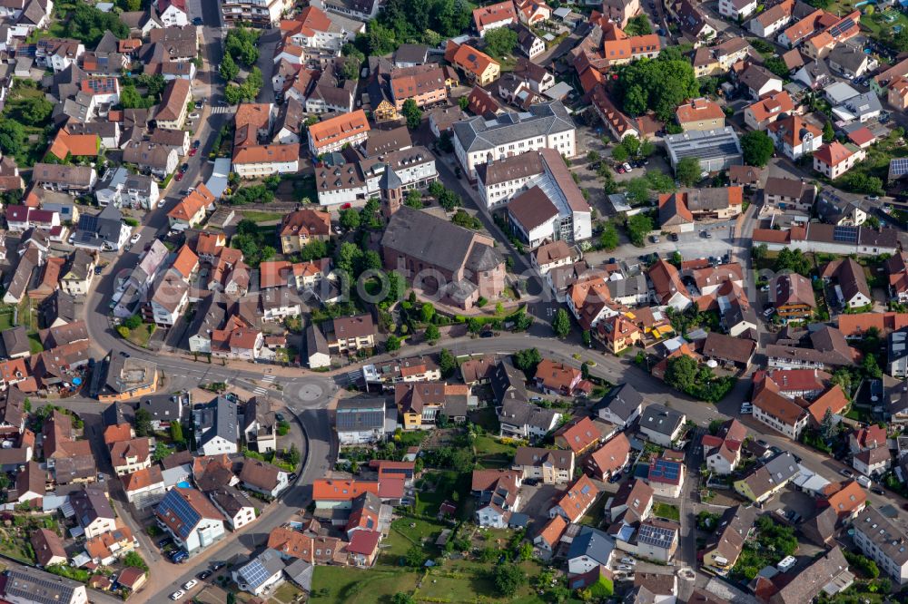 Malsch from above - The city center in the downtown area on street Hauptstrasse in Malsch in the state Baden-Wuerttemberg, Germany
