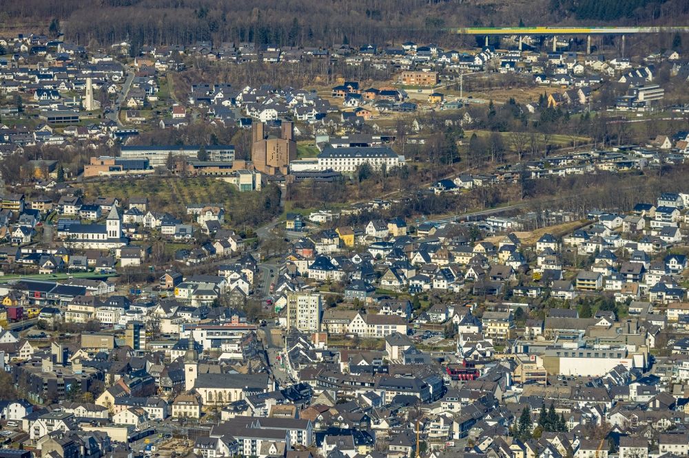 Meschede from above - The city center in the downtown area in Meschede on Sauerland in the state North Rhine-Westphalia, Germany
