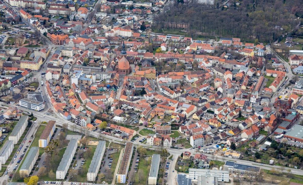 Nauen from above - The city center in the downtown area in Nauen in the state Brandenburg, Germany