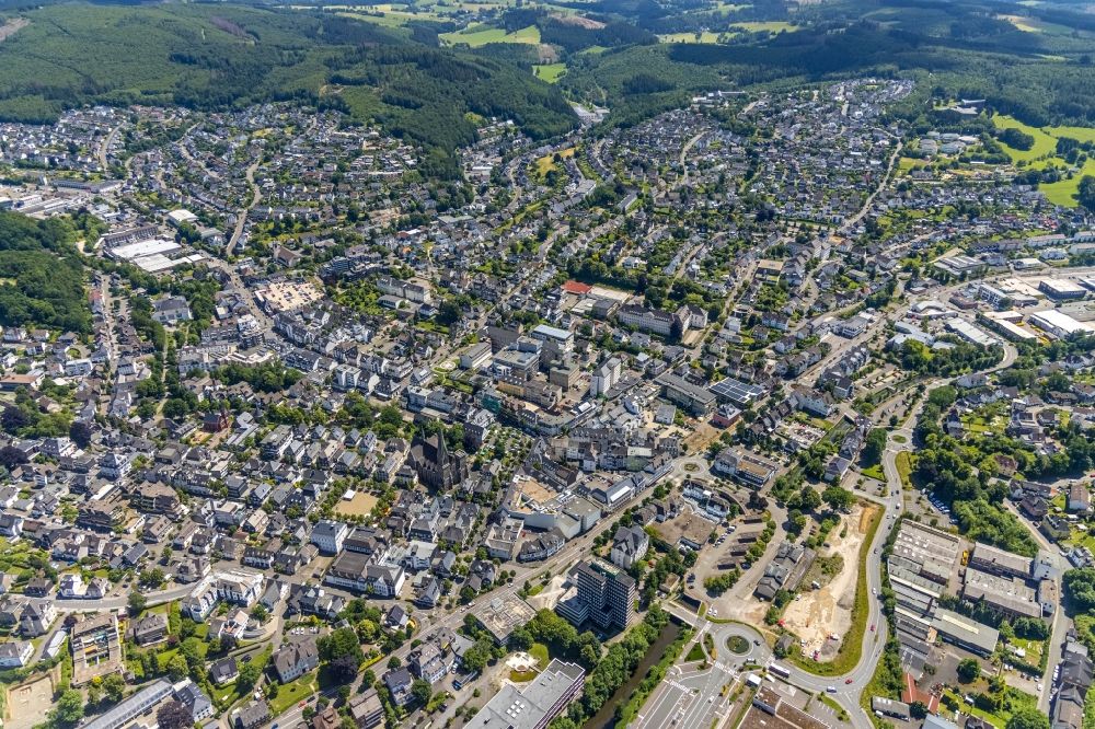 Olpe from the bird's eye view: The city center in the downtown area in Olpe at Sauerland in the state North Rhine-Westphalia, Germany