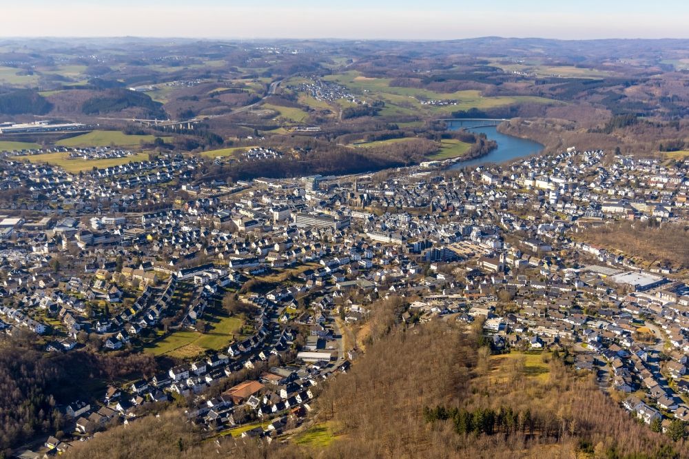 Olpe from the bird's eye view: The city center in the downtown area in Olpe at Sauerland in the state North Rhine-Westphalia, Germany