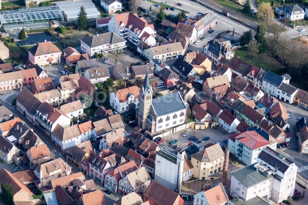 Pfaffenhoffen from the bird's eye view: The city center in the downtown area in Pfaffenhoffen in Grand Est, France