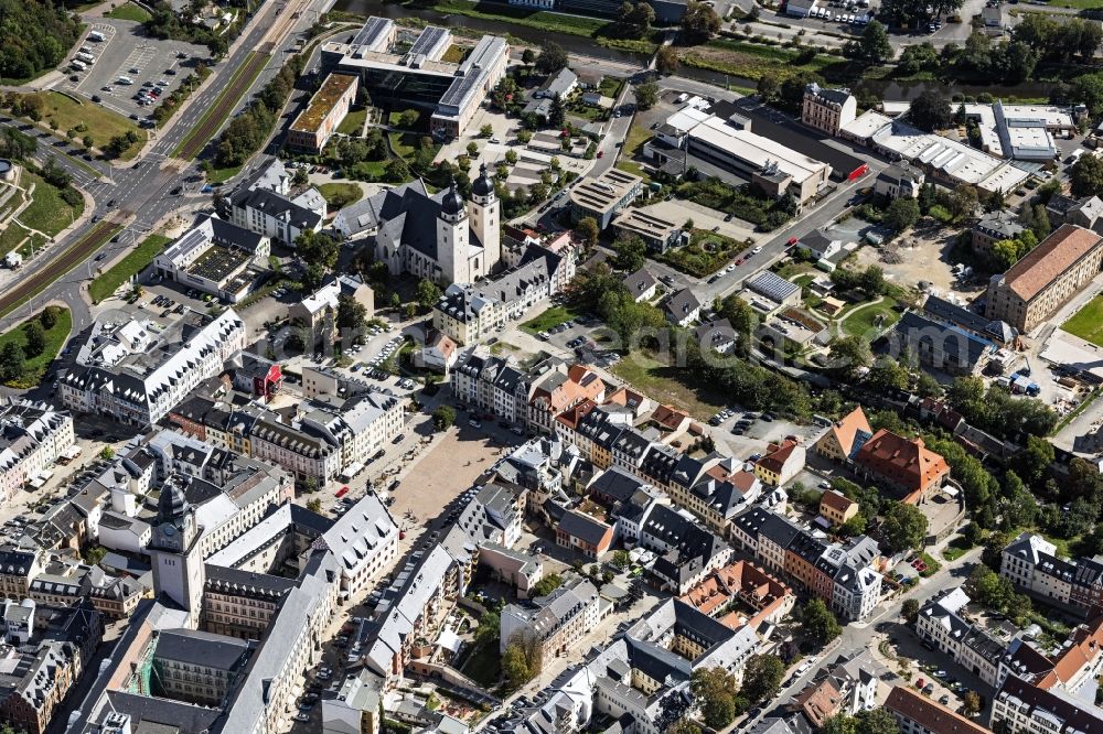Plauen from above - The city center in the downtown area in Plauen in the state Saxony, Germany