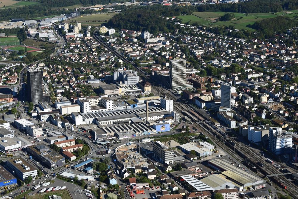 Pratteln from above - The city center in the downtown area in Pratteln in the canton Basel-Landschaft, Switzerland