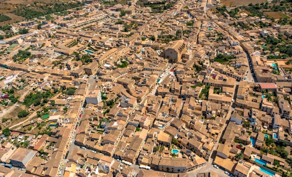 Santanyi from above - The city center in the downtown area in Santanyi in Balearic island of Mallorca, Spain