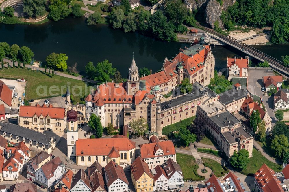 Sigmaringen from above - The city center in the downtown area on Schloss in Sigmaringen in the state Baden-Wuerttemberg, Germany