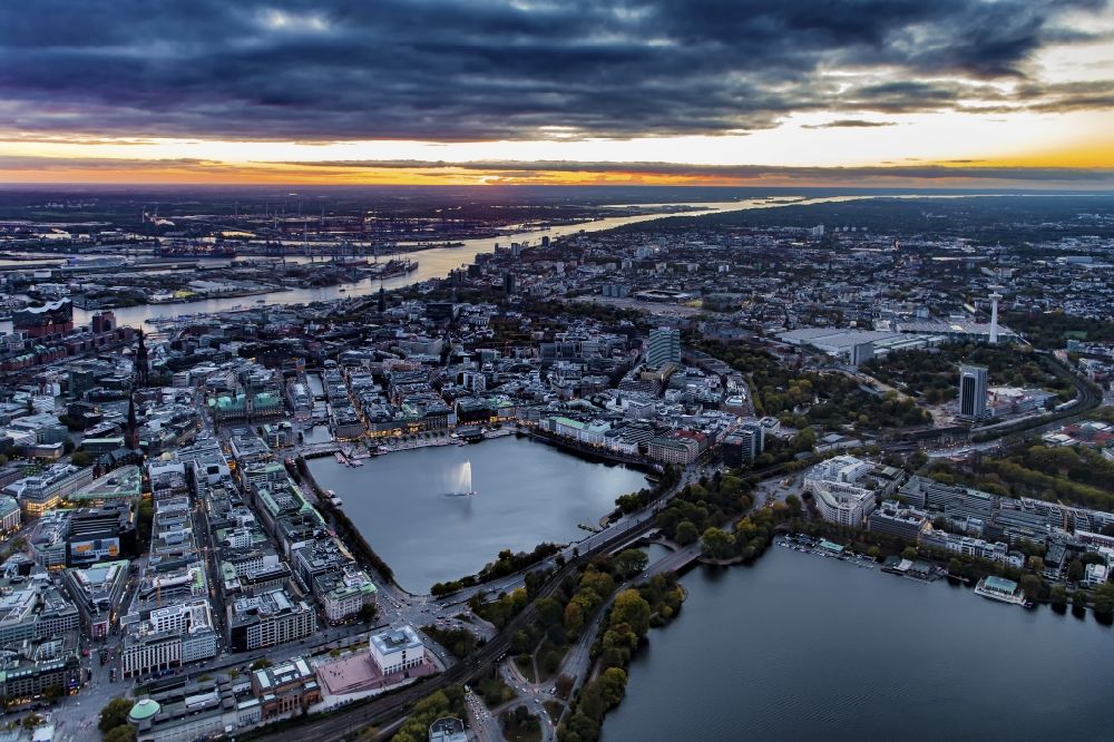 Hamburg from above - The city center in the downtown sunset are in Hamburg in Germany