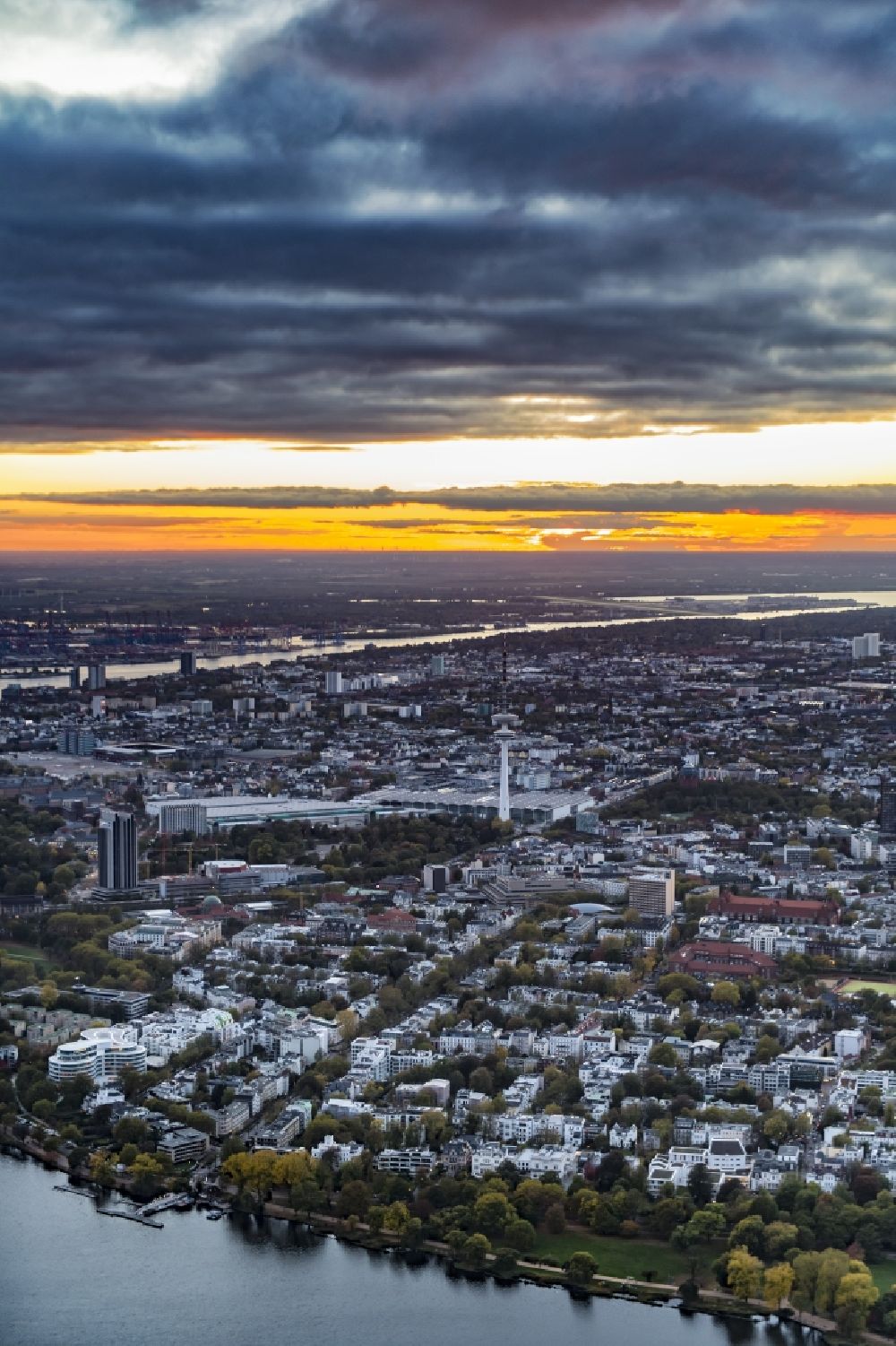 Aerial image Hamburg - The city center in the downtown sunset are in Hamburg in Germany