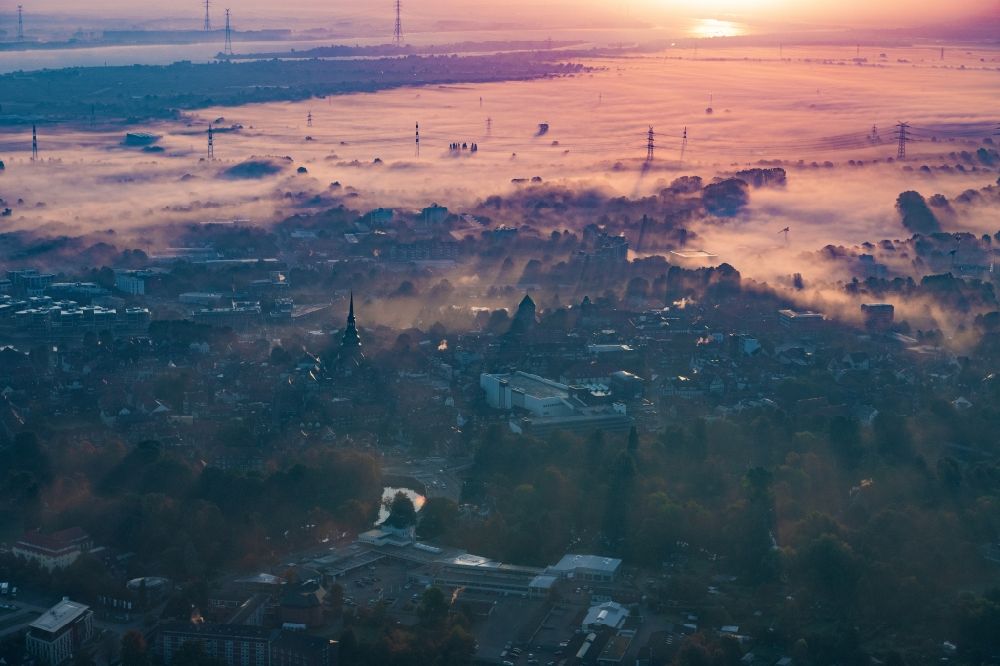 Stade from above - City center in the inner city area in Stade in sunrise in the state Lower Saxony
