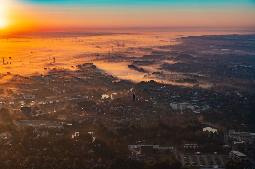 Stade from above - City center in the inner city area in Stade in sunrise in the state Lower Saxony