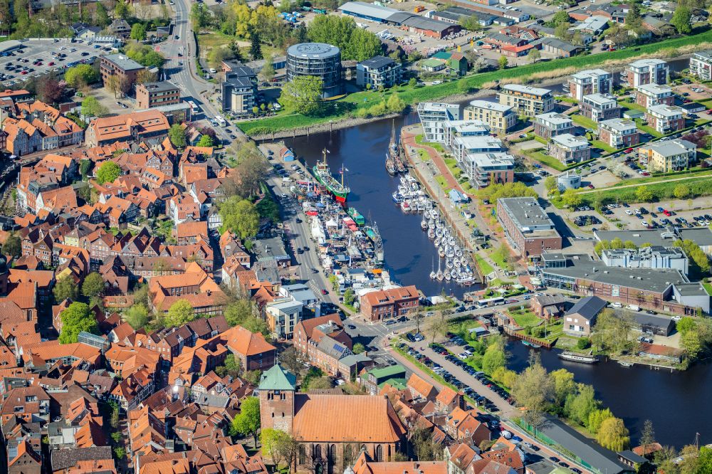 Stade from above - City center in the inner city area with the city harbor and Hafencity in Stade in the state of Lower Saxony, Germany