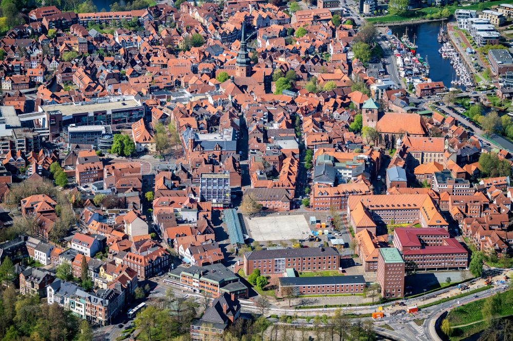 Stade from above - City center in the inner city area with the city harbor and Hafencity in Stade in the state of Lower Saxony, Germany