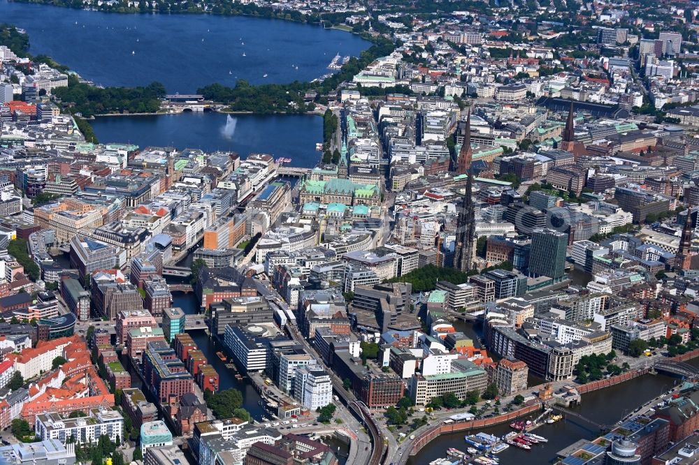 Hamburg from above - The city center in the downtown area on lake side of Alster in the district Altstadt in Hamburg, Germany