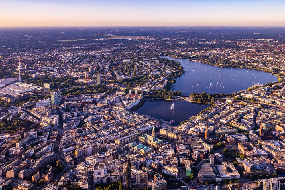 Hamburg from above - The city center in the downtown area on lake side of Alster in the district Altstadt in Hamburg, Germany