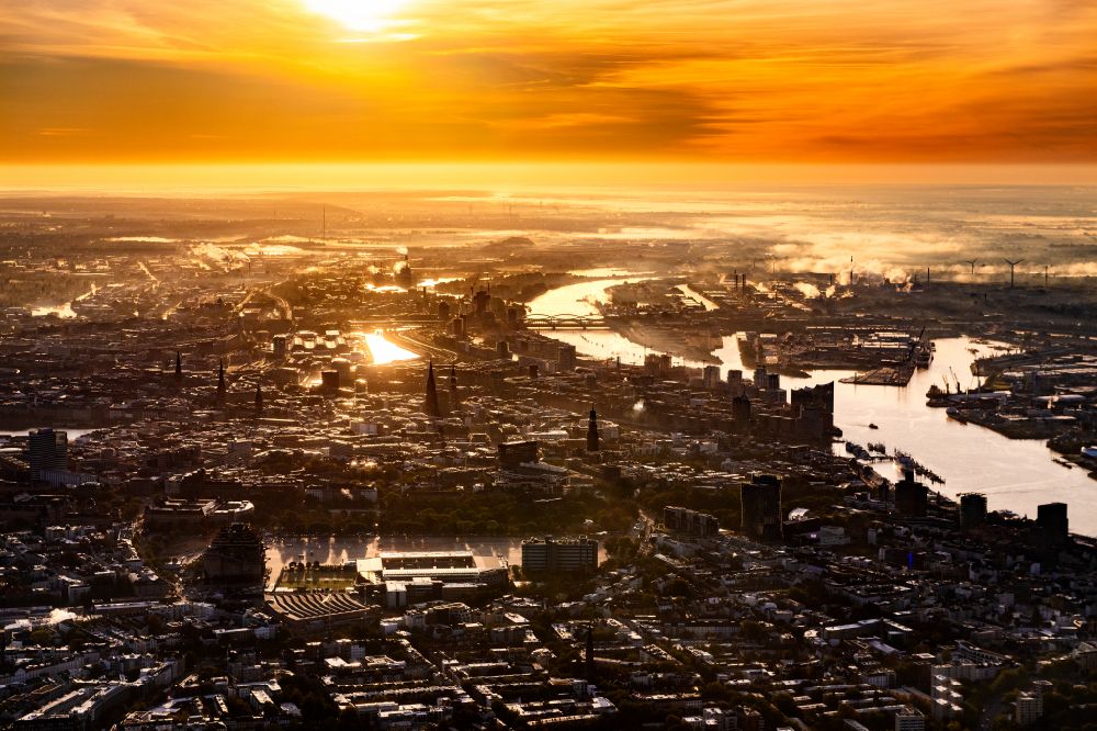 Aerial image Hamburg - City center in the inner city area on the banks of the Alster, at sunrise, in Hamburg, Germany