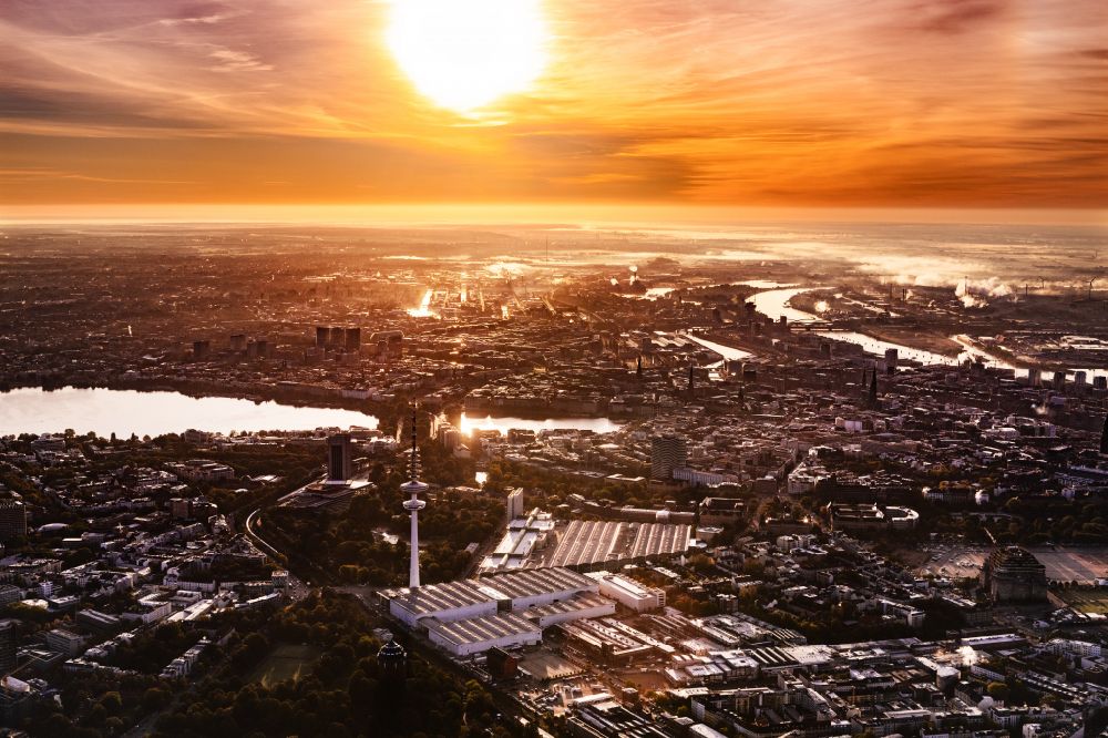 Hamburg from above - City center in the inner city area on the banks of the Alster, at sunrise, in Hamburg, Germany