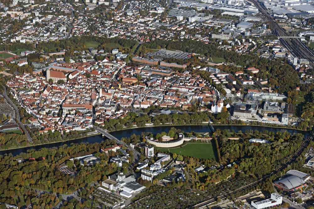 Aerial image Ingolstadt - City center in the downtown area on the banks of river course of the river Danube in Ingolstadt in the state Bavaria, Germany