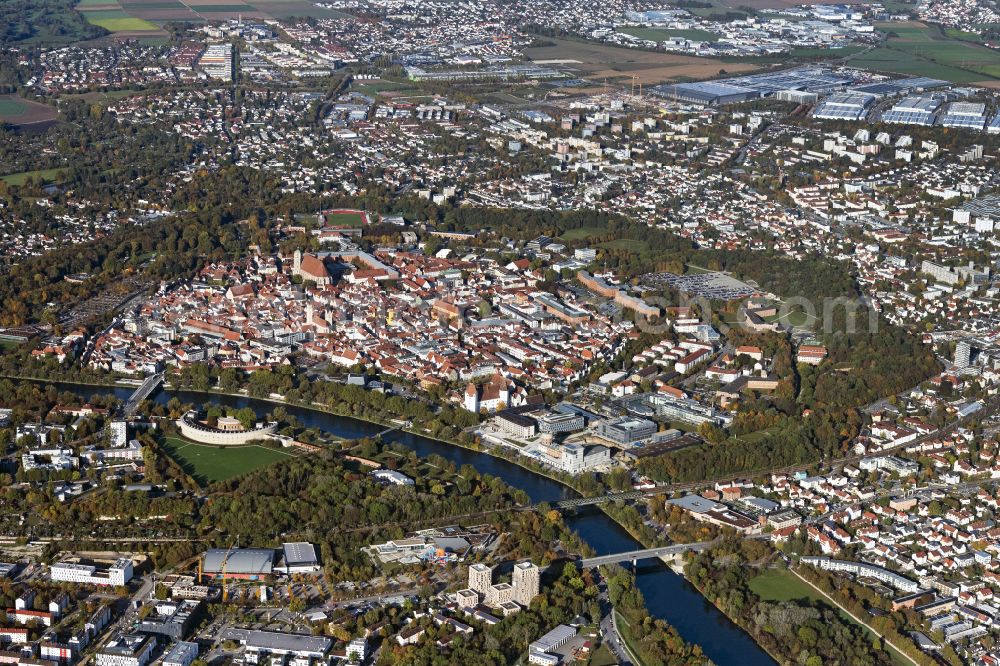 Aerial image Ingolstadt - City center in the downtown area on the banks of river course of the river Danube in Ingolstadt in the state Bavaria, Germany
