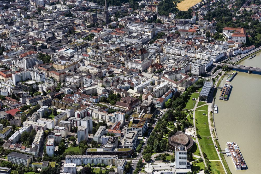 Linz from above - City center in the downtown area on the banks of river course of the river Danube in Linz in Oberoesterreich, Austria