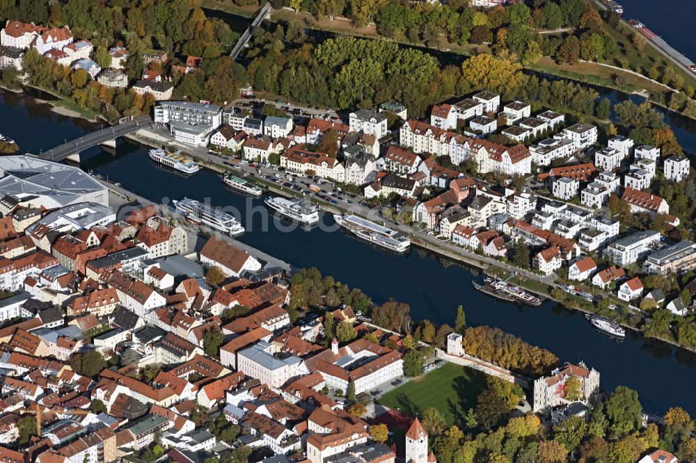 Aerial image Regensburg - City center in the downtown area on the banks of river course Danube on street Donaulaende in Regensburg in the state Bavaria, Germany