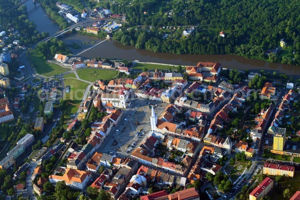 Kadan from above - City center in the downtown area on the banks of river course of Eger in Kadan in Ustecky kraj - Aussiger Region, Czech Republic