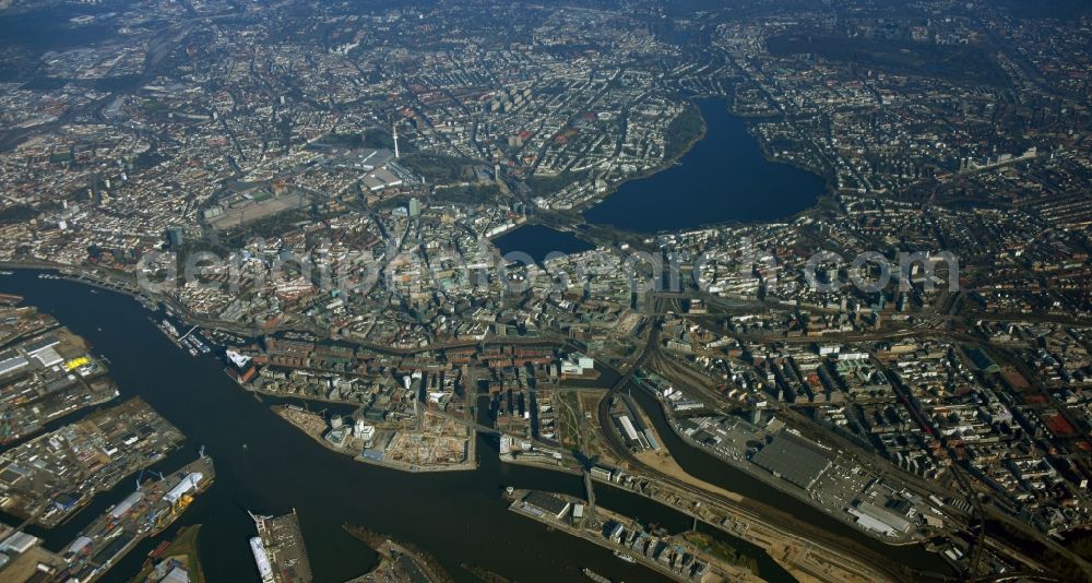 Hamburg from above - City center in the downtown area on the banks of river course Elbe in Hamburg, Germany