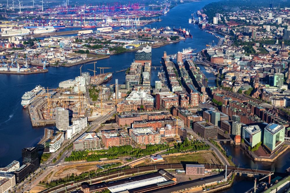 Hamburg from above - City center in the downtown area on the banks of river course of the River Elbe in the district HafenCity in Hamburg, Germany